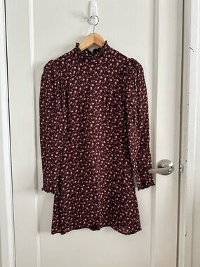 Reformation Lewis Burgundy Long-Sleeve Mini Dress with Pink Floral Print